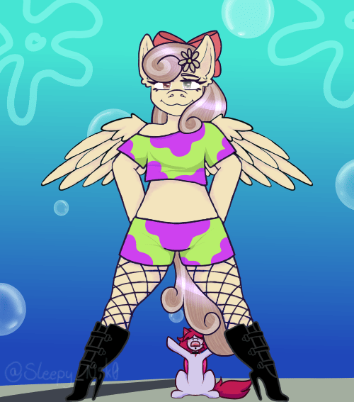 Size: 500x567 | Tagged: safe, artist:sleepy_nik0, derpibooru import, oc, oc:peach blossom, unofficial characters only, anthro, pegasus, bow, clothes, fishnets, flower, flower in hair, glass eye, hair bow, heterochromia, high heels, hooves on hips, image, png, shoes, size difference, solo, spongebob squarepants