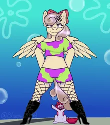 Size: 500x567 | Tagged: safe, artist:sleepy_nik0, derpibooru import, oc, oc:peach blossom, unofficial characters only, anthro, pegasus, bow, clothes, fishnets, flower, flower in hair, glass eye, hair bow, heterochromia, high heels, hooves on hips, image, png, shoes, size difference, solo, spongebob squarepants