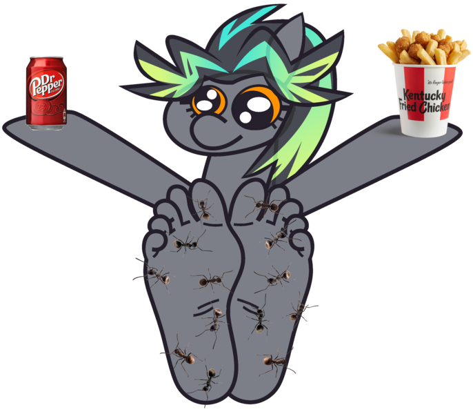 Size: 2835x2480 | Tagged: safe, artist:threetwotwo32232, derpibooru import, oc, oc:cool time, unofficial characters only, pegasus, pony, ants, chips, dr pepper, feet, female, food, image, kfc, mare, png, simple background, solo, transparent background