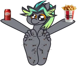 Size: 2835x2480 | Tagged: safe, artist:threetwotwo32232, derpibooru import, oc, oc:cool time, unofficial characters only, pegasus, pony, ants, chips, dr pepper, feet, female, food, image, kfc, mare, png, simple background, solo, transparent background