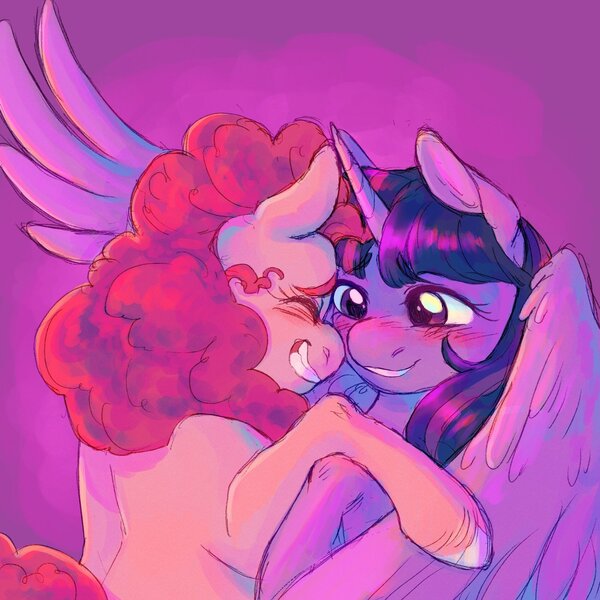 Size: 1700x1700 | Tagged: safe, artist:abbytabbys, derpibooru import, pinkie pie, twilight sparkle, twilight sparkle (alicorn), alicorn, earth pony, pony, blushing, cuddling, eyes closed, female, grin, happy, image, jpeg, lesbian, shipping, smiling, twinkie