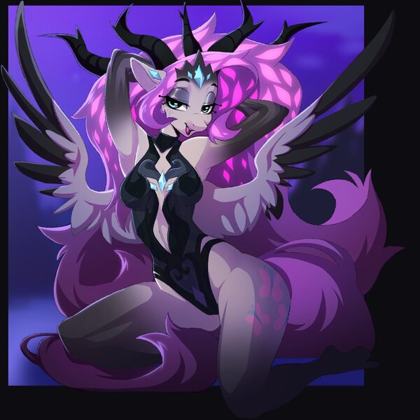 Size: 1933x1933 | Tagged: safe, artist:dodsie, derpibooru import, fluttershy, anthro, dryad, pegasus, unguligrade anthro, arm behind head, armpits, bedroom eyes, breasts, female, image, jpeg, looking at you, smiling, smiling at you, solo, spread wings, wings