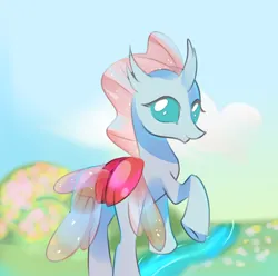 Size: 1936x1923 | Tagged: safe, derpibooru import, ocellus, changeling, cloud, drifting, female, graceful, image, png, river, sky, spring, stream, water
