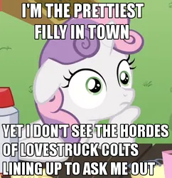 Size: 484x500 | Tagged: safe, derpibooru import, edit, edited screencap, screencap, sweetie belle, pony, unicorn, ponyville confidential, season 2, caption, exploitable meme, female, filly, foal, image, image macro, impact font, meme, obligatory pony, png, solo, sudden clarity sweetie belle, text, thinking