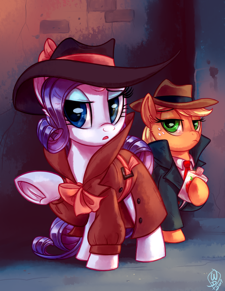 Size: 2550x3300 | Tagged: safe, artist:diamonddusted, artist:whitediamonds, derpibooru import, applejack, rarity, earth pony, pony, unicorn, applejack's hat, clothes, coat, commission, cowboy hat, detective rarity, duo, duo female, fedora, female, flask, freckles, frog (hoof), g4, hat, high res, hoof hold, image, mare, necktie, open mouth, png, raised hoof, shadow spade, signature, trenchcoat, underhoof