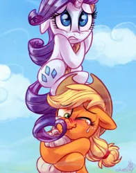 Size: 3300x4200 | Tagged: safe, artist:diamonddusted, artist:whitediamonds, derpibooru import, applejack, rarity, earth pony, pony, unicorn, applejack's hat, blushing, cowboy hat, crying, duo, duo female, eyebrows, eyebrows visible through hair, female, floppy ears, freckles, g4, gritted teeth, hat, high res, horn, image, lesbian, mare, one eye closed, png, pre sneeze, rarijack, rarijack daily, rope, shipping, signature, tail, teeth, tickling, wavy mouth