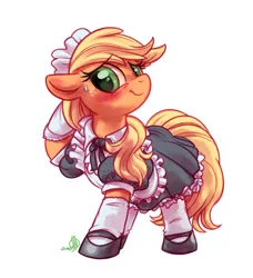 Size: 3100x3400 | Tagged: safe, artist:diamonddusted, artist:whitediamonds, derpibooru import, applejack, earth pony, pony, blushing, clothes, commission, cute, embarrassed, female, floppy ears, freckles, g4, high res, image, jackabetes, looking at you, maid, mare, mary janes, png, puffy sleeves, raised hoof, shoes, signature, simple background, skirt, smiling, solo, sweat, sweatdrop, white background