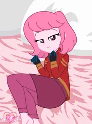 Size: 1192x1612 | Tagged: safe, artist:muhammad yunus, artist:yaya54320bases, derpibooru import, oc, oc:annisa trihapsari, unofficial characters only, equestria girls, bed, bedroom eyes, clothes, female, generator rex, gloves, image, jacket, looking at you, pants, pillow, png, rex salazar, skirt, smiling, smiling at you, solo