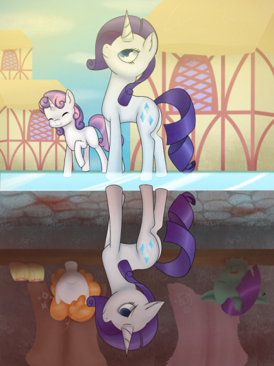 Size: 400x533 | Tagged: grimdark, artist:secretlifeofrarity, derpibooru import, rarity, sweetie belle, pony, unicorn, fanfic:the secret life of rarity, basement, blood, day, dead, decapitated, duality, duo, eyelashes, fanfic art, female, filly, foal, head, image, mare, png, purple mane, two toned mane, upside down, white fur