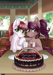 Size: 3157x4465 | Tagged: safe, artist:lifejoyart, ponerpics import, oc, unofficial characters only, pony, drinking, duo, duo female, female, image, jpeg, mare, restaurant