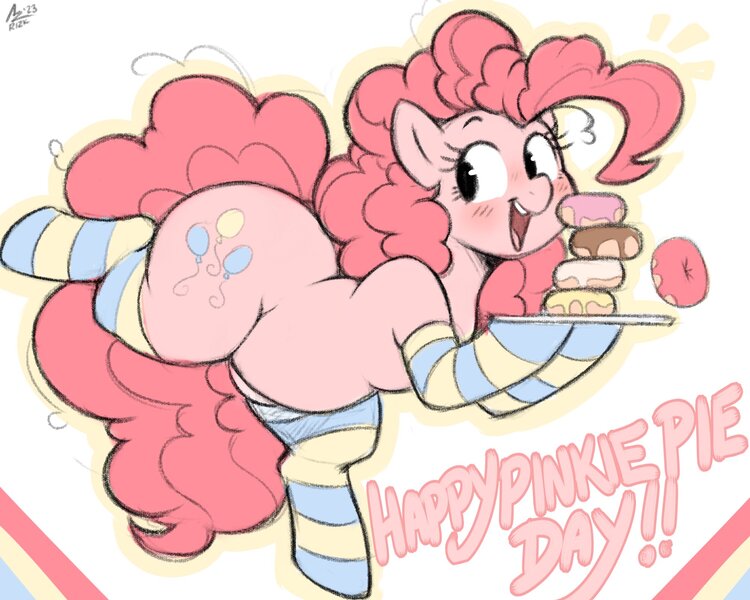 Size: 2000x1600 | Tagged: safe, artist:aer0 zer0, pinkie pie, earth pony, pony, clothes, cutie mark, donut, fat, female, food, image, jpeg, looking sideways, pinkie pie's birthday, plate, pudgy pie, simple background, socks, solo, striped socks