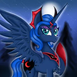 Size: 900x900 | Tagged: safe, artist:hyp3rsp4c3, derpibooru import, idw, princess luna, alicorn, pony, reflections, spoiler:comic, blue eyes, blue mane, blue tail, crepuscular rays, digital art, ethereal mane, ethereal tail, evil counterpart, evil luna, eyelashes, eyeshadow, feather, female, forest, g4, hoof shoes, horn, image, looking at you, makeup, mare, mirror universe, moon, moonlight, night, peytral, png, raised hoof, signature, smiling, smiling at you, solo, spread wings, stars, tail, tree, wings