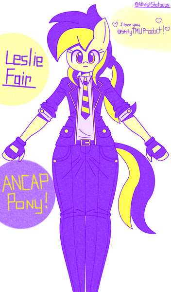Size: 1064x1816 | Tagged: safe, artist:aryannespetfemboy, ponerpics import, ponybooru import, oc, oc:leslie fair, unofficial characters only, anthro, a pose, anarcho-capitalism, aria property cinematic universe, bad anatomy, business suit, businessmare, clothes, cute, dead eyes, fingerless gloves, genderless, gloves, image, low quality, meta, necktie, nonbinary, omori, png, politics, rolled up sleeves, standing, t pose, twitter
