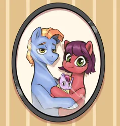 Size: 1280x1350 | Tagged: safe, artist:smirk, derpibooru import, oc, oc:cherry sweets, oc:grenadine, oc:stone slag, unofficial characters only, pony, family photo, father and child, father and daughter, female, foal, freckles, husband and wife, image, male, mother and child, mother and daughter, photo, png, swaddled baby, trio