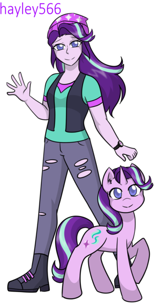 Size: 1420x2613 | Tagged: safe, artist:hayley566, derpibooru import, kotobukiya, starlight glimmer, pony, unicorn, equestria girls, beanie, boots, clothes, cute, duo, female, glimmerbetes, hat, high heel boots, image, jeans, mare, pants, png, raised hoof, ripped jeans, ripped pants, self paradox, self ponidox, shirt, shoes, simple background, style emulation, t-shirt, torn clothes, transparent background, vest, watch, waving, wristwatch