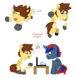 Size: 3800x3800 | Tagged: safe, artist:1mber_angul, derpibooru import, oc, oc:craft motion, oc:vick, pegasus, pony, computer, flying, greeting, hand, image, magic, png, sitting, talking