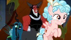 Size: 1333x751 | Tagged: safe, derpibooru import, edit, edited screencap, screencap, cozy glow, lord tirek, queen chrysalis, centaur, changeling, changeling queen, pegasus, pony, frenemies (episode), antagonist, duo, duo female, female, filly, former queen chrysalis, grin, image, male, mean three, nervous, nervous grin, png, smiling, trio