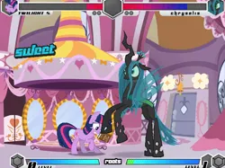 Size: 636x475 | Tagged: safe, artist:fimroots, derpibooru import, queen chrysalis, twilight sparkle, changeling, changeling queen, fighting is magic, carousel boutique, female, fixed, image, png, video game