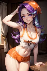Size: 1024x1536 | Tagged: suggestive, derpibooru import, editor:sammykun, machine learning generated, starlight glimmer, human, ai content, beanie, belly button, big breasts, breasts, busty starlight glimmer, cleavage, clothes, cosplay, costume, generator:yodayo, halloween, halloween costume, hat, holiday, hooters, hooters uniform, humanized, image, indoors, jpeg, long hair, midriff, pose, prompter:sammykun, sexy, shirt, short shirt, shorts, sleeveless, sleeveless shirt, smiling, stupid sexy starlight glimmer, stupid sexy trixie, sultry pose, tanktop, thighs, wide hips, wood