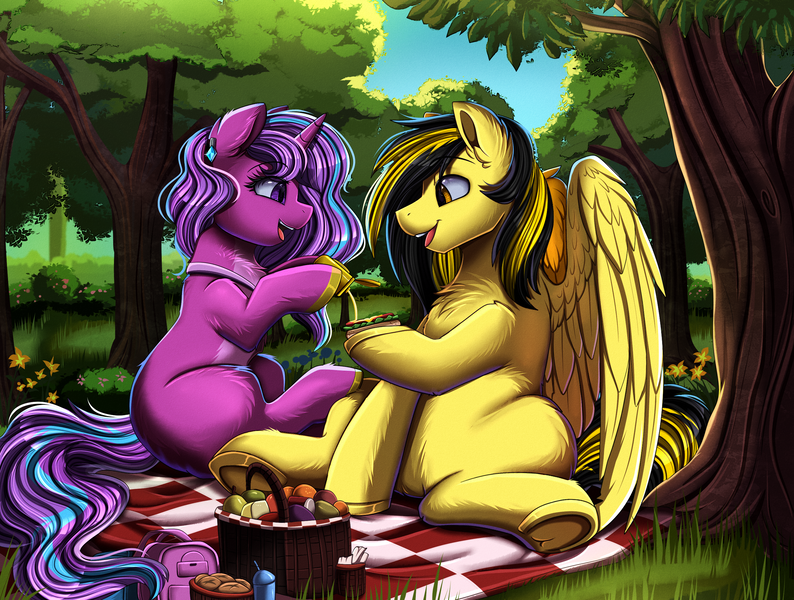 Size: 2975x2247 | Tagged: safe, artist:pridark, derpibooru import, oc, unofficial characters only, pegasus, pony, unicorn, duo, horn, image, pegasus oc, png, unicorn oc, wings