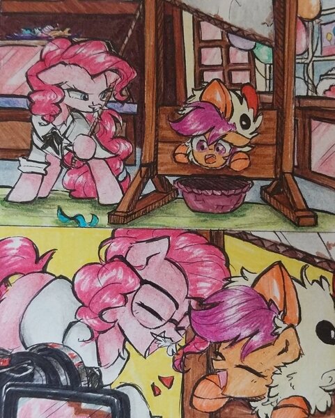 Size: 889x1109 | Tagged: safe, artist:liaaqila, derpibooru import, pinkie pie, earth pony, pegasus, pony, animal costume, camera, cardboard, chicken suit, clothes, colonel sanders, comic, costume, crayon drawing, cute, dark comedy, glasses, guillotine, halloween, holiday, image, jpeg, laughing, pose, scootachicken, smiling, sugarcube corner, traditional art