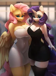 Size: 1535x2048 | Tagged: suggestive, artist:alphadesu, derpibooru import, fluttershy, rarity, anthro, pegasus, unicorn, big breasts, black dress, breasts, busty fluttershy, busty rarity, cleavage, clothes, dress, duo, duo female, female, females only, hand on waist, huge breasts, image, jewelry, jpeg, little black dress, looking at you, necklace, painted nails, smiling, socks, spread wings, strapless, strapless dress, thigh highs, wings, zettai ryouiki