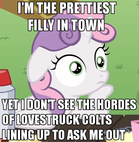 Size: 484x497 | Tagged: safe, derpibooru import, edit, edited screencap, screencap, sweetie belle, pony, unicorn, ponyville confidential, season 2, caption, exploitable meme, female, filly, foal, image, image macro, impact font, meme, obligatory pony, png, solo, sudden clarity sweetie belle, text, thinking