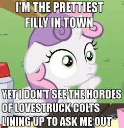 Size: 484x497 | Tagged: safe, derpibooru import, edit, edited screencap, screencap, sweetie belle, pony, unicorn, ponyville confidential, season 2, caption, exploitable meme, female, filly, foal, image, image macro, impact font, meme, obligatory pony, png, solo, sudden clarity sweetie belle, text, thinking