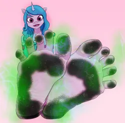 Size: 2449x2411 | Tagged: source needed, suggestive, artist:cigla2000, derpibooru import, izzy moonbow, anthro, unicorn, g5, barefoot, dirt, dirty, dirty feet, feet, female, fetish, foot fetish, happy, image, png, simple background, smelly, smelly feet, solo, solo female