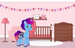 Size: 450x289 | Tagged: suggestive, artist:mistytheunicorn1999, derpibooru import, edit, unicorn, g5, my little pony: tell your tale, alternate hairstyle, bed, diaper, diaper fetish, fetish, happy, image, jpeg, misty brightdawn, pink background, simple background