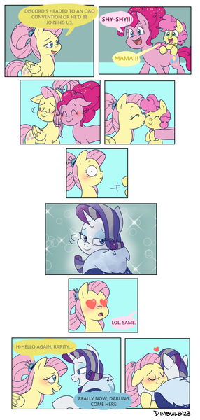 Size: 2480x5200 | Tagged: safe, artist:dimbulb, derpibooru import, fluttershy, li'l cheese, pinkie pie, rarity, earth pony, pegasus, pony, unicorn, the last problem, blushing, clothes, coat, comic, female, flarity, flutterpie, foal, heart, heart eyes, hug, image, kiss on the cheek, kissing, lesbian, nuzzling, older, older fluttershy, older pinkie pie, older rarity, png, polyamory, shipping, sparkles, wingding eyes