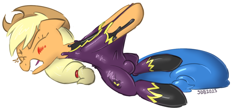 Size: 1788x817 | Tagged: suggestive, artist:superderpybot, applejack, earth pony, pony, blushing, bondage, clenched teeth, clothes, costume, crotch bulge, encasement, eyes closed, furrowed brow, futa, hair tie, hat, image, intersex, latex, latex suit, liquid latex, lying down, nose wrinkle, null bulge, png, pulling, shadowbolts costume, signature, simple background, solo, struggling, white background