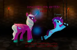 Size: 6629x4331 | Tagged: semi-grimdark, artist:desade, derpibooru import, alicorn, pony, unicorn, g5, abuse, angry, ankle cuffs, bleeding, blood, bondage, chained, chains, commission, cruel, crying, cuffs, curved horn, dialogue, dungeon, duo, duo female, eyeshadow, fear, female, fixed, flank, floppy ears, folded wings, glow, glowing horn, hooves, horn, horn ring, image, indoors, jewelry, levitation, looking back, magic, magic aura, makeup, mare, misty brightdawn, mistybuse, opaline arcana, open mouth, pain, pleading, png, punishment, rebirth misty, restrained, restraints, ring, sad, scared, shackles, speech, talking, tears of pain, telekinesis, text, torch, violence, wall of tags, whip, whip marks, whipping, wings, yelling