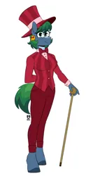 Size: 1386x2601 | Tagged: safe, artist:redxbacon, derpibooru import, oc, oc:artice, unofficial characters only, anthro, unguligrade anthro, bowtie, button-up shirt, cane, clothes, dress shirt, ear piercing, earring, fancy, glasses, hat, image, jewelry, mage, pants, piercing, png, round glasses, shirt, simple background, skull, solo, suit, top hat, unshorn fetlocks, vest