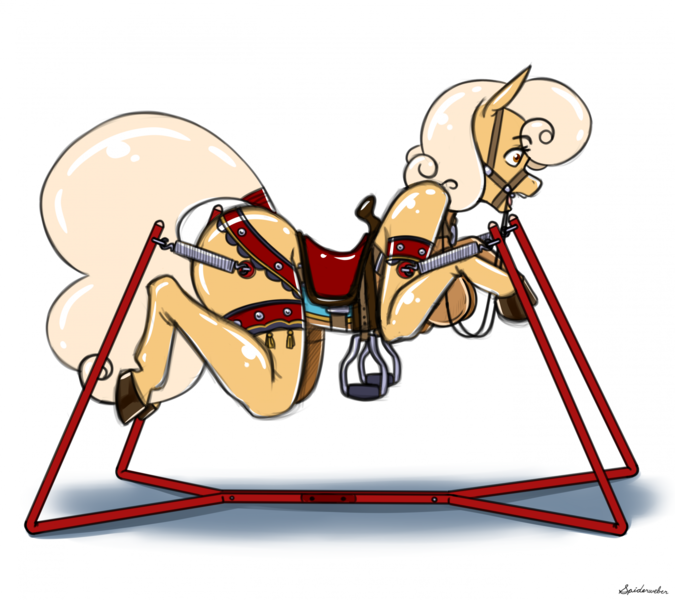 Size: 2036x1810 | Tagged: questionable, artist:spiderweber, oc, oc:carousel, unofficial characters only, anthro, unguligrade anthro, abuse, big breasts, bit gag, bondage, breasts, bridle, encasement, female, fetish, gag, hoof gloves, image, large butt, latex, latex suit, png, reins, rocking horse bondage, saddle, simple background, solo, tack, white background