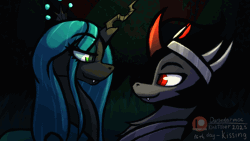 Size: 1280x720 | Tagged: safe, artist:darbedarmoc, derpibooru import, king sombra, queen chrysalis, changeling, changeling queen, pony, unicorn, chrysombra, crown, female, forest, french kiss, gif, image, jewelry, kinktober, kinktober 2023, kissing, looking at each other, looking at someone, male, regalia, shipping, straight, tree