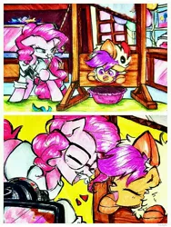 Size: 3935x5246 | Tagged: safe, artist:liaaqila, derpibooru import, pinkie pie, scootaloo, earth pony, pegasus, pony, animal costume, camera, cardboard, chicken suit, clothes, colonel sanders, comic, costume, crayon drawing, cute, dark comedy, glasses, guillotine, halloween, holiday, image, jpeg, laughing, pose, scootachicken, smiling, sugarcube corner, traditional art