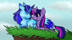 Size: 994x555 | Tagged: safe, derpibooru import, twilight sparkle, twilight sparkle (alicorn), oc, oc:blue thunder, alicorn, canon x oc, image, jpeg, thundersparkle, together