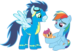 Size: 2300x1620 | Tagged: safe, derpibooru import, rainbow dash, scootaloo, soarin', pegasus, pony, baby, baby pony, baby scootaloo, female, filly, foal, image, male, mare, offspring, parent:rainbow dash, parent:soarin', parents:soarindash, png, scootalove, shipping, simple background, soarindash, stallion, straight, transparent background, younger