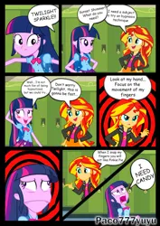 Size: 738x1045 | Tagged: safe, artist:paco777yuyu, derpibooru import, edit, sunset shimmer, twilight sparkle, equestria girls, comic, crazy face, cute, duo, duo female, faic, female, hypnosis, hypnotized, image, jpeg