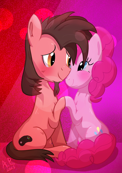 Size: 1754x2480 | Tagged: safe, artist:ace play, derpibooru import, pinkie pie, oc, oc:ace play, earth pony, pony, blushing, canon x oc, cheek fluff, chest fluff, duo, facial hair, female, fluffy, goatee, holding hooves, image, jpeg, looking at each other, looking at someone, male, mare, pinkieplay, shipping, sitting, smiling, stallion, straight