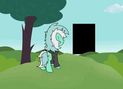 Size: 1484x1080 | Tagged: safe, artist:background basset, derpibooru import, lyra heartstrings, pony, unicorn, animated, clothes, dialogue, dig the swell hoodie, error, glitch, hoodie, image, looking at you, looking back, looking back at you, no sound, solo, static, text, video, webm