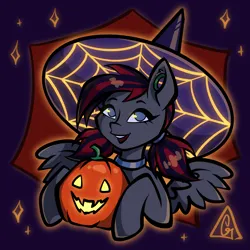 Size: 2048x2048 | Tagged: safe, artist:gigisarts, derpibooru import, oc, oc:darkshy, unofficial characters only, pegasus, pony, bust, clothes, commission, costume, cute, food, halloween, halloween 2023, halloween costume, hat, holiday, image, orange, pegasus oc, png, portrait, pumpkin, red and black mane, solo, wings, witch hat