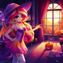 Size: 1024x1024 | Tagged: safe, derpibooru import, machine learning generated, sunset shimmer, equestria girls, ai content, candy, clothes, costume, food, generator:dall-e 3, halloween, halloween costume, holiday, image, jpeg, long hair, multicolored hair, pumpkin, skirt, sun, sunset, window, wings