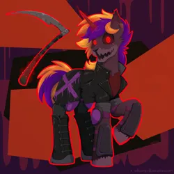 Size: 2000x2000 | Tagged: safe, artist:willoillo, derpibooru import, oc, pony, unicorn, fallout equestria, clothes, commission, halloween, holiday, image, jacket, leather, leather jacket, png, scythe, solo, spooky