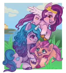 Size: 1128x1244 | Tagged: safe, artist:funky_furs, derpibooru import, izzy moonbow, pipp petals, sunny starscout, earth pony, pegasus, pony, unicorn, g5, blushing, bracelet, cloud, female, friendship bracelet, grass, image, jewelry, lying down, mare, open mouth, open smile, outdoors, png, prone, raised hoof, red eyes, red-eyed pipp, signature, sky, smiling, tail, trio, trio female, unshorn fetlocks, water