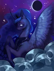 Size: 648x864 | Tagged: safe, artist:doukz, derpibooru import, princess luna, alicorn, pony, blank eyes, blue mane, cloud, crown, curved horn, digital art, ethereal mane, feather, female, g4, hoof shoes, horn, image, jewelry, mare, moon, moonlight, night, peytral, png, regalia, sky, solo, spread wings, starry mane, stars, wings