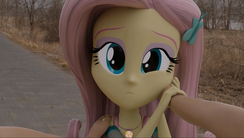 Size: 1333x751 | Tagged: safe, artist:efk-san, derpibooru import, fluttershy, human, equestria girls, 2018, 3d, 3d model, cute, image, old video, png, real life background, sad, shyabetes