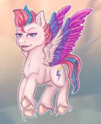 Size: 3500x4299 | Tagged: safe, artist:funky_furs, derpibooru import, zipp storm, pegasus, pony, g5, 2021, female, image, jpeg, looking at you, mare, open mouth, raised hoof, signature, solo, spread wings, tail, unshorn fetlocks, wings