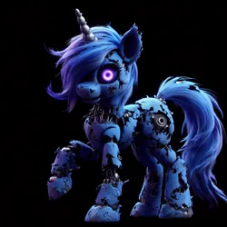 Size: 1024x1024 | Tagged: safe, derpibooru import, machine learning generated, princess luna, pony, robot, robot pony, ai content, animatronic, black background, five nights at freddy's, generator:dall-e 3, image, jpeg, nightmare fuel, prompter:nebbie, simple background, solo